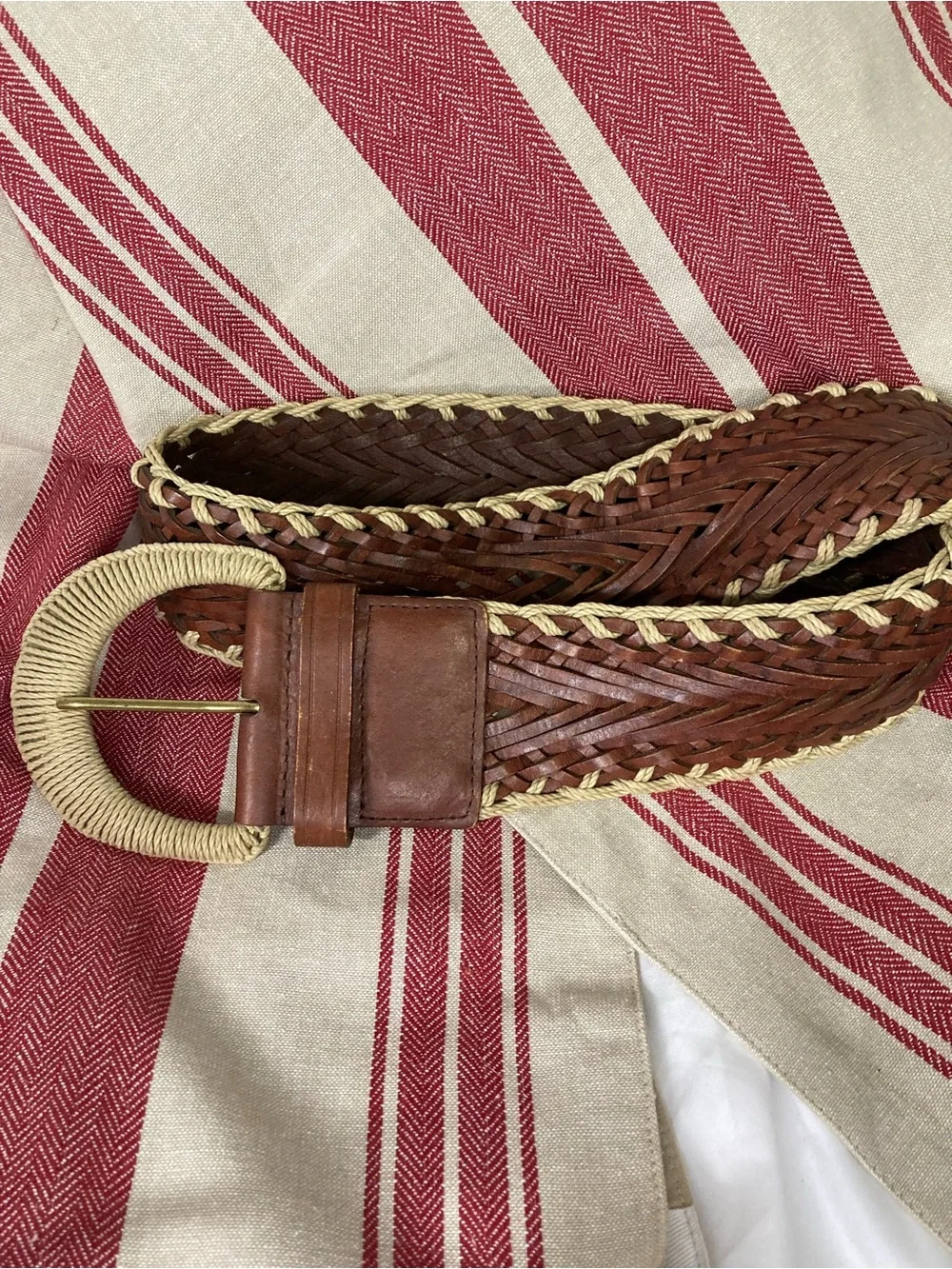 Talbots Braided Brown Leather Belt with Cream Trim
